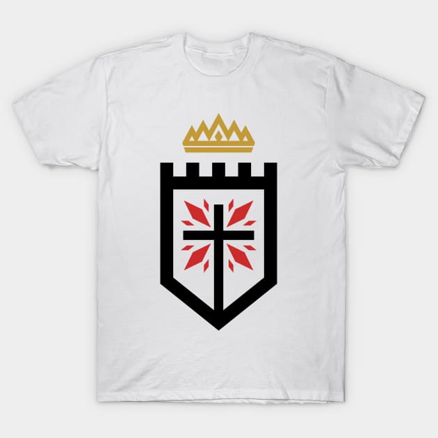 The cross of Jesus Christ against the backdrop of the fortress, on top of the crown - a sign of royal power. T-Shirt by Reformer